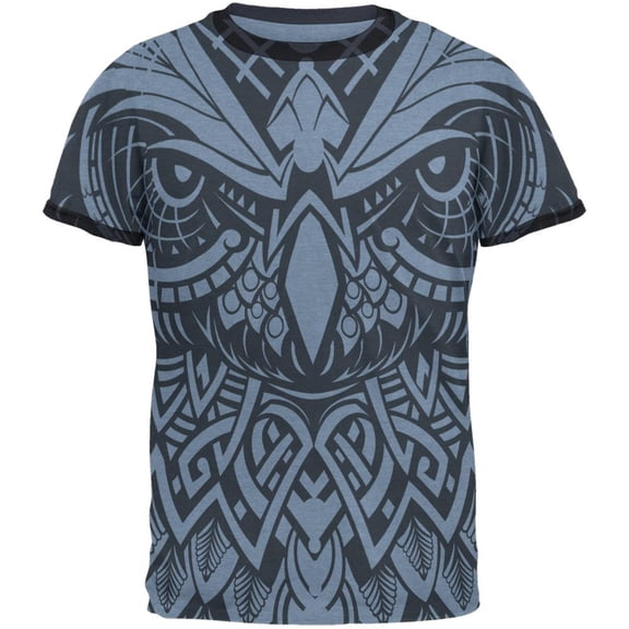 Trippy Tribal Owl Mens Ringer T Shirt Heather Blue-Navy SM