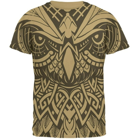 Trippy Tribal Owl Mens T Shirt Tan 2XL