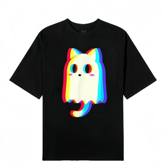 Trippy Vaporwave Ghost Cat Halloween Techno Rave EDM Men Women T-Shirt Graphic