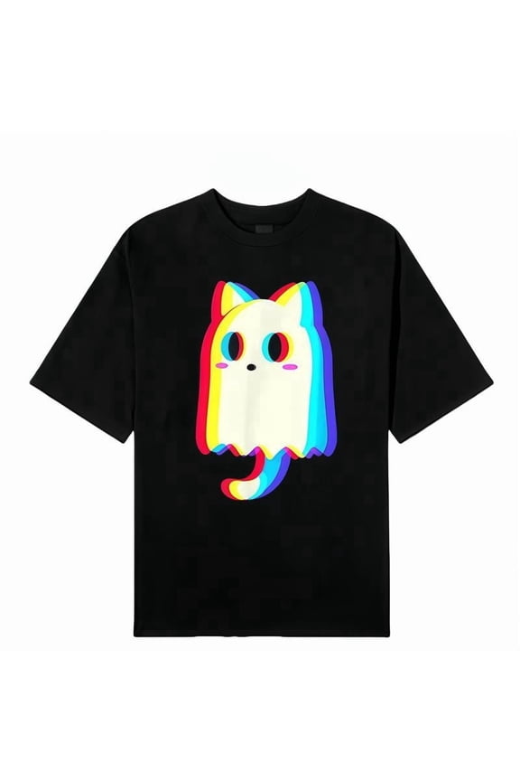 Trippy Vaporwave Ghost Cat Halloween Techno Rave EDM Men Women T-Shirt Graphic