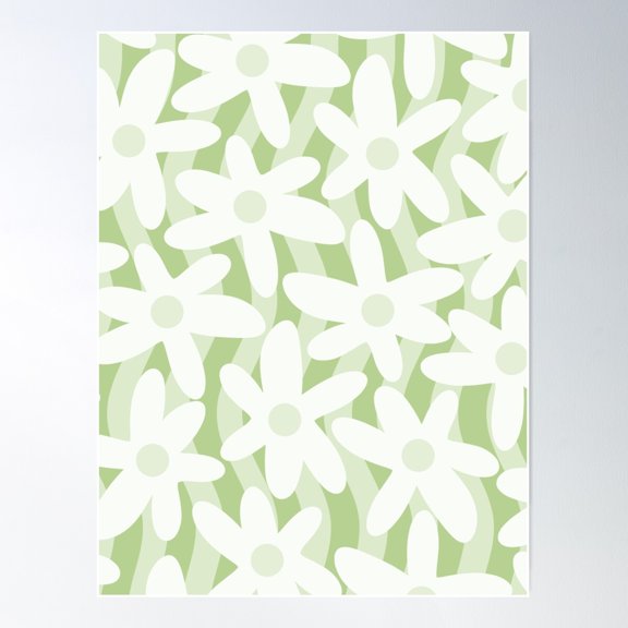 Trippy Wavy Flowers Pastel Sage Green Pattern Poster Wall Art, Modern Wall Decor For Living Room Bedroom, 12x18 UNFRAMED