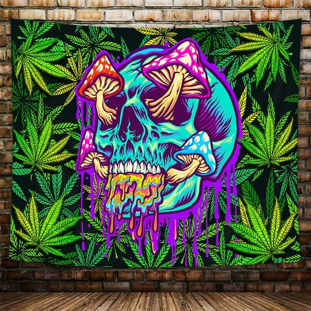 Trippy Weed Tapestry, Hippie Boho Cannabis Leaves Psychedelic Mushroom
