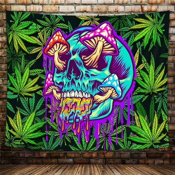 Trippy Weed Tapestry, Hippie Boho Cannabis Leaves Psychedelic Mushroom Tapestry Wall Hanging, Smoking Skull Green Marijuana Tapestry for Meditation Dorm Living Room Bedroom Poster Decor, 60X40in
