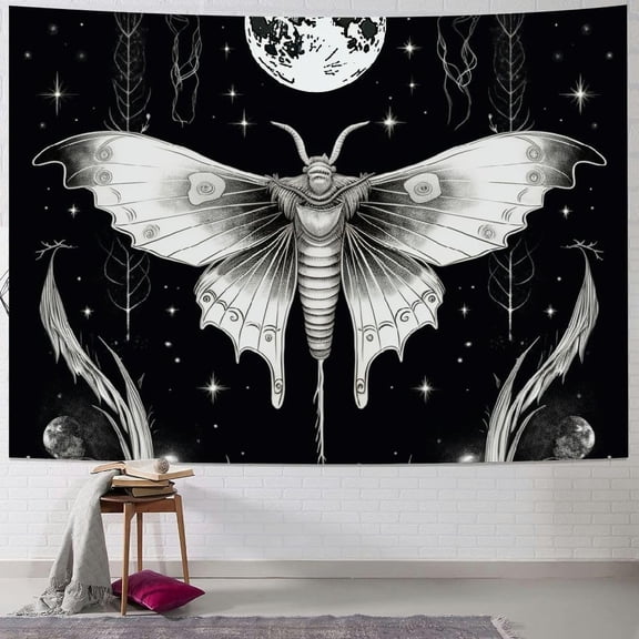 Trippy Witchy Vertical Tapestry, Black and White Moth Floral Moon Tarot Tapestry Wall Hanging for Bedroom, Dark Aesthetic Nature Flower Tapestries Poster Blanket College Dorm Decor 40x30inch