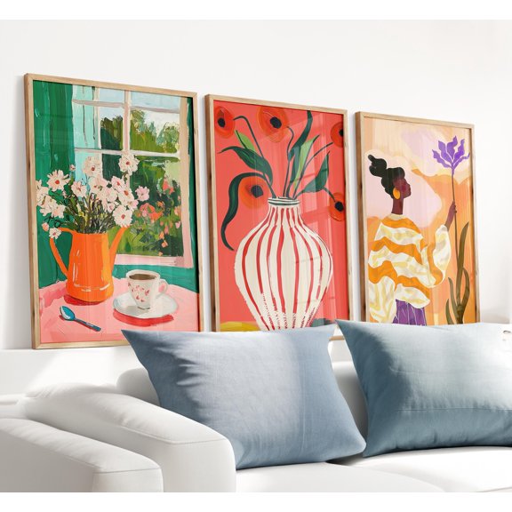 Triptych Floral & Portrait Wall Art Set: Modern Botanical Prints Set 3