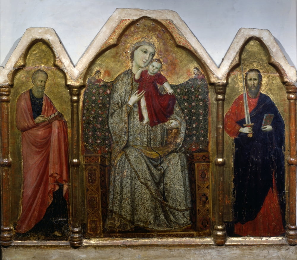 Triptych Of The Enthroned Madonna And Child With Saints John The Evangelist And St Paul Canvas Art - (24 x 18)