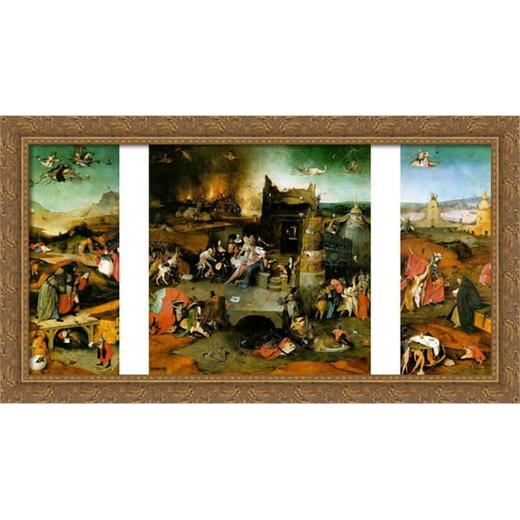Triptych: The Temptation of St. Anthony 40x22 Large Gold Ornate Wood Framed Canvas Art by Hieronymus Bosch