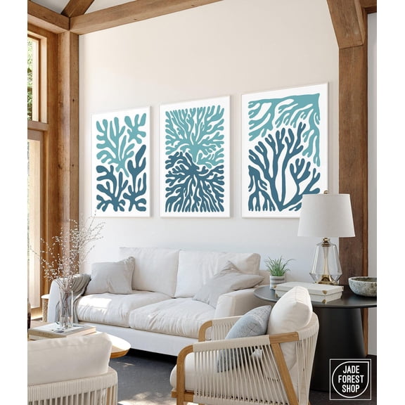 Triptych Wall Art Beach House Decor Coral Reef 3 Piece Canvas Set Ocean Themed Wall Hanging Blue Green Coastal Office Decoration Set 3
