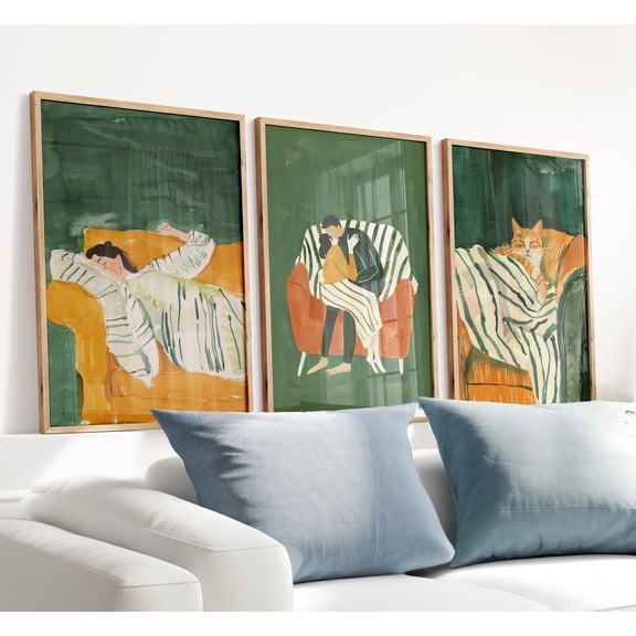 Triptych Wall Art : Cozy Domestic Scenes With Companion Animal Set 3