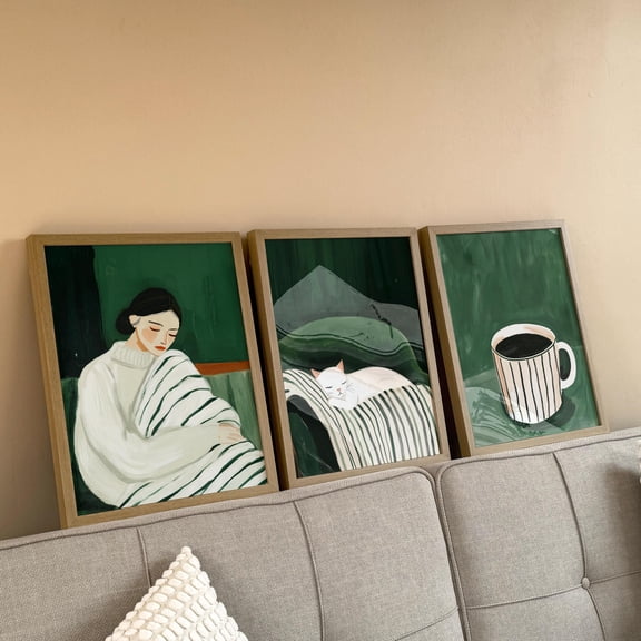 Triptych Wall Art In Emerald Green: Cozy Home Prints Set 3