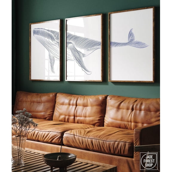 Triptych Wall Art Whale Decor Three Piece Wall Art Minimalist Ocean Canvas Set Stipple Pointillism Design Large Framed Beach House Gift Set 3