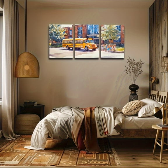 Triptych Watercolor Style Canvas Wall Art - Classic Yellow American School Bus, Frameless 12x16 or 16x24 Inch, Ideal for Office, Home, Bedroom, Living Room Decor, Decorative Art Piece|Vintage School