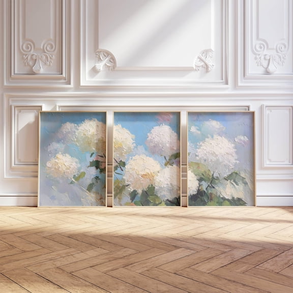 Triptych White Hydrangea Landscape 3 Poster Set Spring Flower Wall Art Summer Neutral Floral Living Room Decor, Poster Only