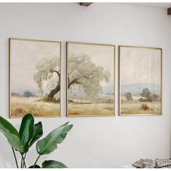 Triptych Willow Tree Landscapes Muted Sage And Gold Countryside Set of Botanical Art Neutral Meadow Field Decor Set 3 Stretched Canvas