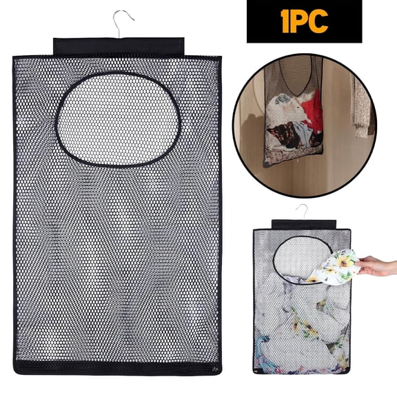 Tripumer 1 Pc Hanging Mesh Laundry Basket Hanging Laundry Hamper Bag for Portable Space Saving Dirty Clothes Black
