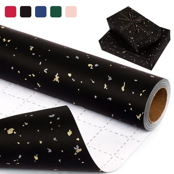 Tripumer 1 Roll Gold Foil Design Shiny Flakes Gift Wrapping Paper Roll 17 inch X 33 feet for Wedding Holiday Party Father’s Day Black