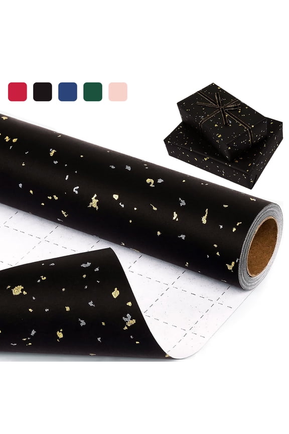 1 Roll Gold Foil Design Shiny Flakes Gift Wrapping Paper Roll 17 inch X 33 feet for Wedding Holiday Party Father’s Day Black