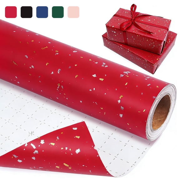 Tripumer 1 Roll Gold Foil Design Shiny Flakes Gift Wrapping Paper Roll 17 inch X 33 feet for Wedding Holiday Party Father’s Day Red
