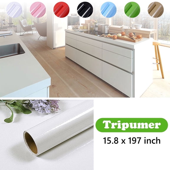 Tripumer 1 Roll Kitchen Cabinet Wallpaper 15.8 x 197 inch Contact Paper Peel and Stick Self Adhesive Film Paper Vinyl Contact Paper for Kitchen Cabinets Bathroom Counters White