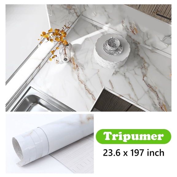 Tripumer 1 Roll White Marble Contact Paper Peel and Stick Wallpaper Thick Self Adhesive Kitchen Wall Wallpaper for Wallcovering Kitchen Countertop Cabinets Wardrobe