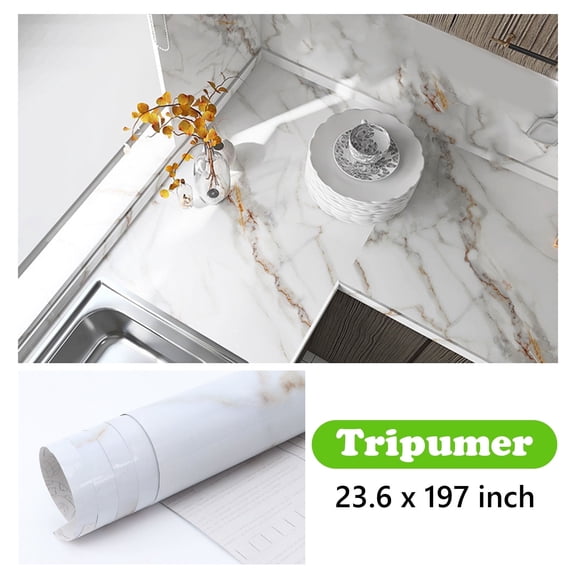 Tripumer 1 Roll White Marble Contact Paper Peel and Stick Wallpaper Thick Self Adhesive Kitchen Wall Wallpaper for Wallcovering Kitchen Countertop Cabinets Wardrobe
