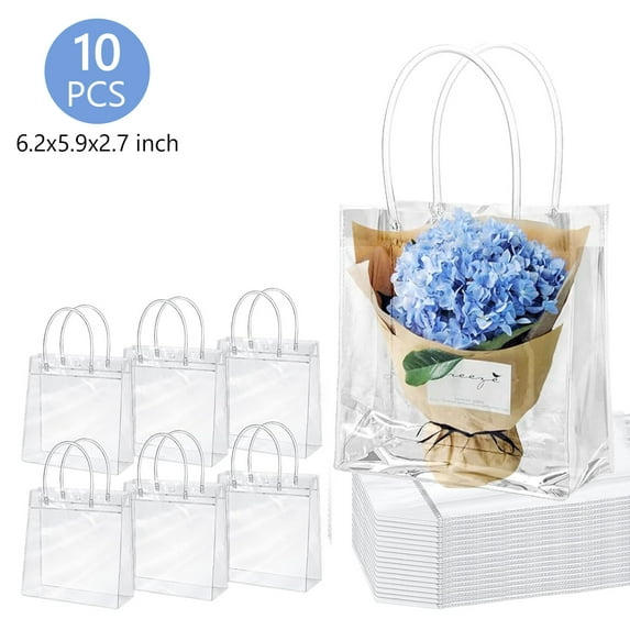 Tripumer 10 Pcs Clear Gift Bags with Handle 6.2 x 5.9 x 2.7 inch Plastic Transparent Gift Bag PVC Goodie Bag for Boutique Wedding Birthday Party Halloween Christmas