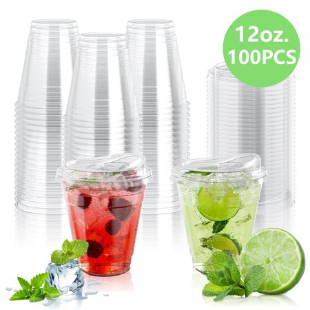Tripumer [100 PACK] 12 OZ Clear Plastic Cups BPA-Free Disposable Cold Drink Cups with Lids Party Drink Cups for Iced Coffee Smoothies Soda Cocktails Juice Iced Tea