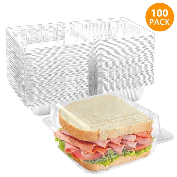 Hengbo 100 PCS Clear Plastic Food Containers Square Hinged Takeaway Containers Disposable Cake Containers with Lids Stackable Lunch Boxes Suitable for Salads Pasta Sandwiches Cookies