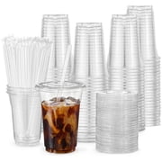 Tripumer [100 Pack] 16oz Clear Plastic Cup with Flat Lid and Straw Bpa Free Disposable Cold Drink Cups Party Drink Cups for Iced Coffee Smoothies Soda Milkshakes Cocktails Juice Iced Tea
