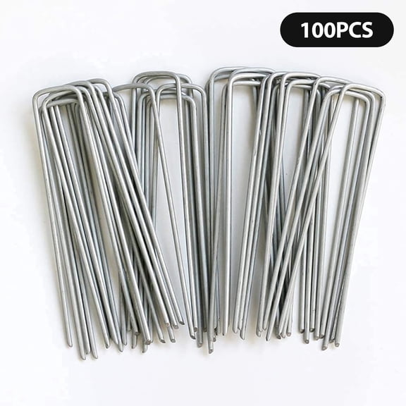 Hengbo 100 pack 6 Inch U-Shaped Galvanized Landscape Nails 11 Gauge Heavy Duty Fixing Stakes Nails for Anchoring Barrier Fabrics Hoses Fences
