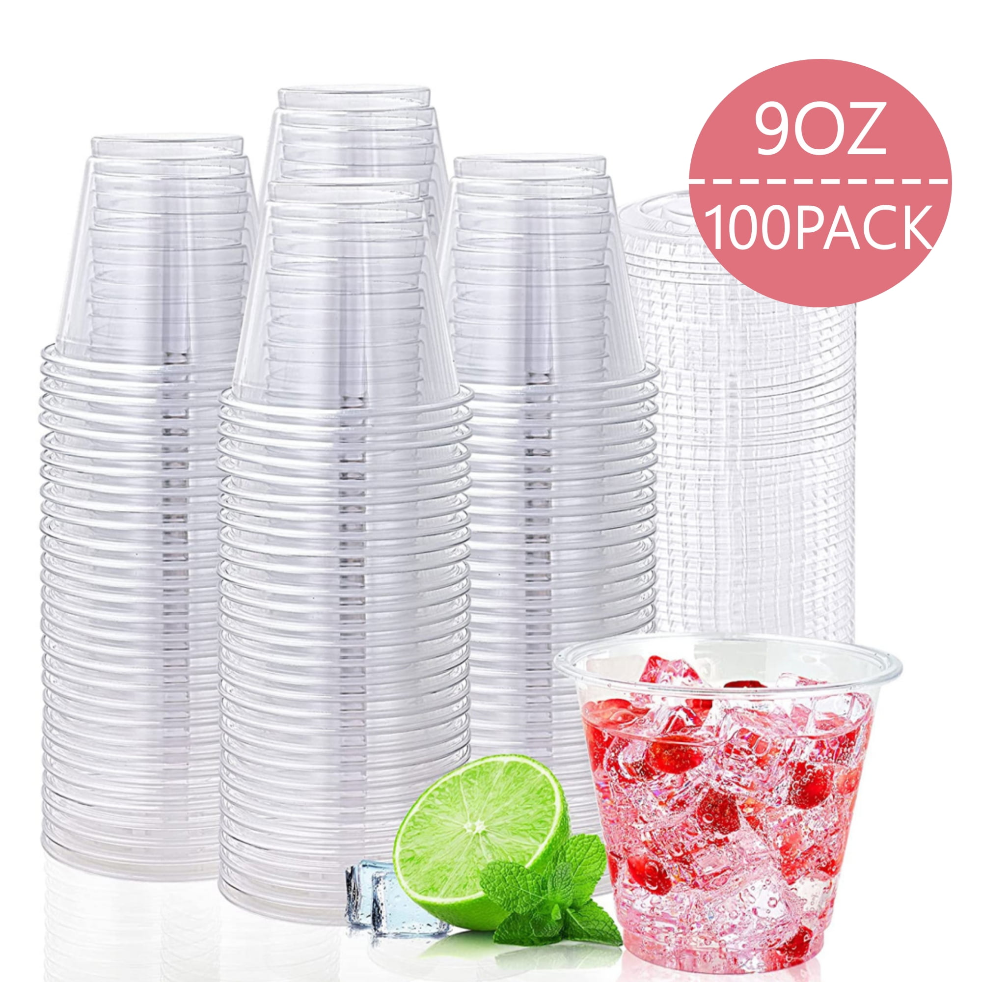 Tripumer [100 Pack] 9oz Clear Plastic Cup with Flat Lid BPA Free
