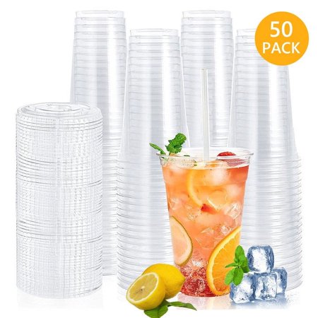 Tripumer [100 Pack] Capacity 20oz Clear Plastic Cup with Flat Lid and Straw Bpa Free Disposable Cold Drink Cups Party Drink Cups for Iced Coffee Smoothies Soda Milkshakes Cocktails Juice Iced Tea