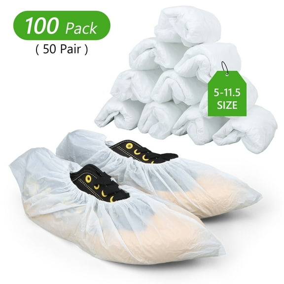 Tripumer 100 Pack Shoe Covers Disposable Hygienic Boot Recyclable Shoe Booties Covers CPE Covers Premium Waterproof Slip Resistant White