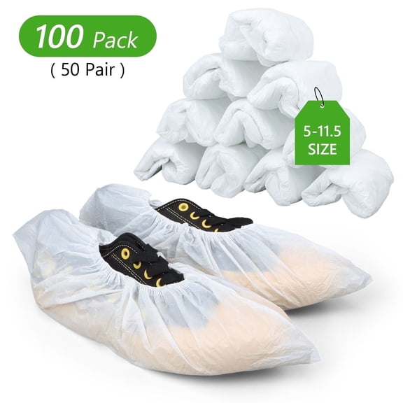Tripumer 100 Pack Shoe Covers Disposable Hygienic Boot Recyclable Shoe Booties Covers CPE Covers Premium Waterproof Slip Resistant White