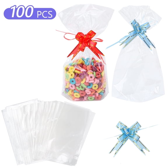 Tripumer 100 Pcs Bottom Cellophane Bag with Butterfly Pull Bows 6 x 10 inch Clear Cellophane Bags Treat Bags Plastic Treat Goodie Bags for Goodie Party Favor Popcorn Cookie Candy