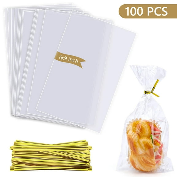 Tripumer 100 Pcs Bottom Gusset Bags 6 x 9 inch Cellophane Treat Bags with Twist Ties Opp Treat Good Bags for Party Wrapping Food Storage Clear