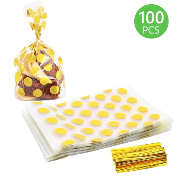 Tripumer 100 Pcs Clear Cellophane Bags with Golden Dot Treat Bags Twist Ties Bottom Gusset Bags Plastic Treat Goodie Bags for Small Gift Party Favors Cookie Candy Popcorn
