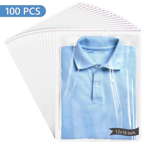 Tripumer 100 Pcs Clear Clothing Bags transparent Cellophane Plastic Bags 12 x 16 inch Self Sealing Packaging Bags for Shirts Clothing Products