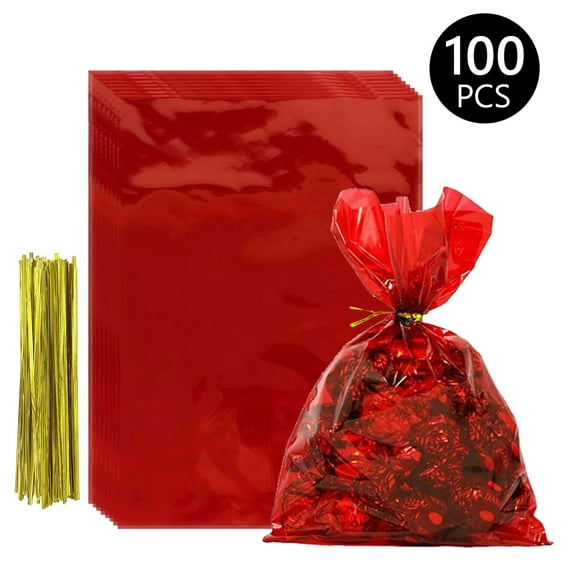 Tripumer 100 Pcs Colored Cellophane Bags Cellophane Treat Bags with Twist Ties Colorful Cello Treat Bags for Bakery Popcorn Cookies Candy Dessert Party Halloween Red