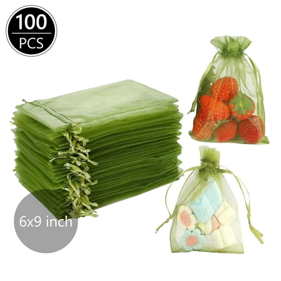 Tripumer 100 Pcs Garden Fruit Cover Mesh Bags 6 x 9 inch Sheer Organza Bags for Plant Gift Gardening Green