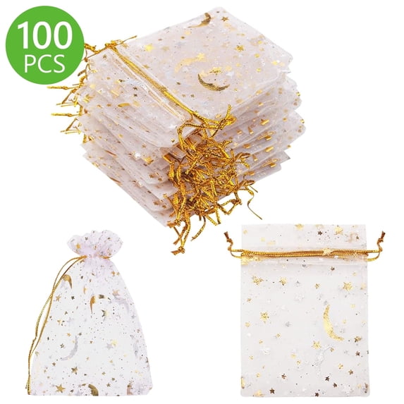 Tripumer 100 Pcs Moon Star Organza Bags Jewelry Candy Bags Organza Favor Bags Gift Pouch with Drawstring Little Mesh Candy Gift Pouches for Party Jewelry Festival White