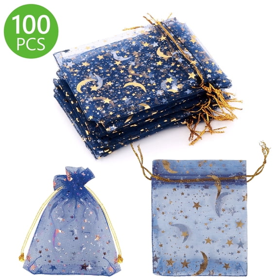 Tripumer 100 Pcs Moon Star Organza Bags Jewelry Candy Bags Organza Favor Bags Gift Pouch with Drawstring Little Mesh Candy Gift Pouches for Party Jewelry Festival Navy Blue