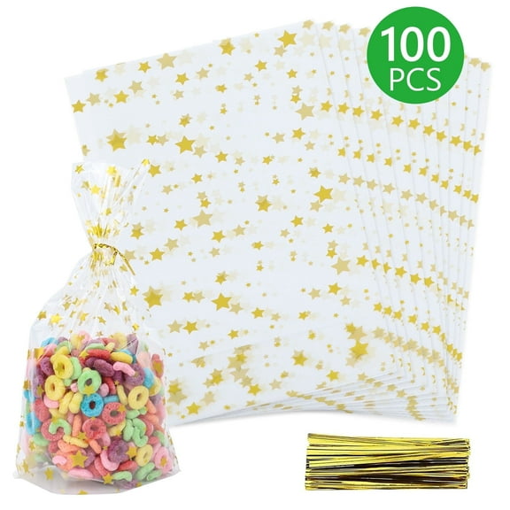 Tripumer 100 Pcs Star Printed Clear Resealable Cellophane Bags with Twist Ties 6 x 10 inch for Birthday Holiday Gift Wrapping Candy