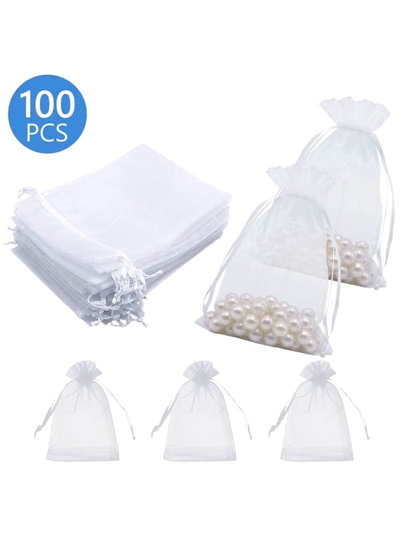 100 Pcs 4x6 inch Drawstring Organza Pouches Sheer Mesh Jewelry Candy Bags for Wedding Party Gift Packaging White