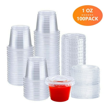 Tripumer [100 Sets -1 oz] Clear Disposable Plastic Condiment Cups Container with Lid Sealed and Stackable Salad Dressing Container Dipping Cup Jelly Cup Souffle Cup BPA-Free