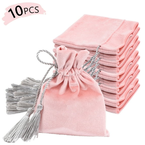 Tripumer 10PCS Velvet Jewellery Bags 4.7x5.5inch Jewellery Bags with Tassel Drawstring Wedding Holiday Gift Bags for Jewellery Watches Gifts - LPink