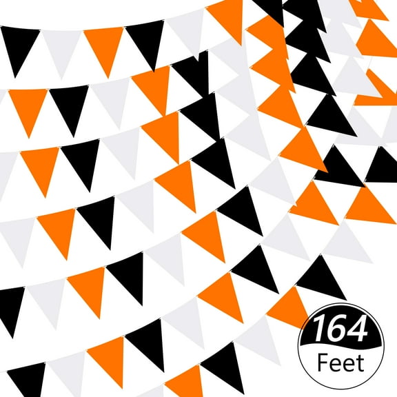 Tripumer 120 Pcs Triangle Flag Banner String for Halloween Decorations 164ft Birthday Hanging Flag for Birthday Party Mardi Gras Outdoor Event Decorations - Black+White+Orange