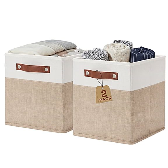 Tripumer 13x13 Inch Collapsible Fabric Storage Cubes, 2 Pack with Handles, 36l Organizer for Closet & Playroom, White Khaki Tripumer 13x13 Inch Collapsible Fabric Storage Cubes, 2 Pack with Handles,