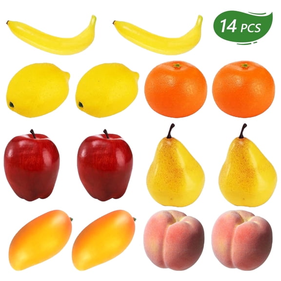 Hengbo 14 Pcs Plastic Lifelike Fruit Set Realistic Artificial Fake Banana Mango Peach Lemon Apple Orange for Photography Display