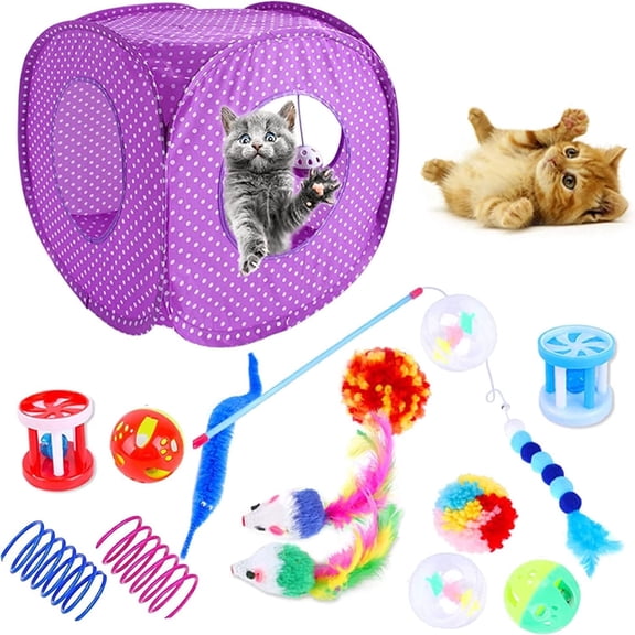 Hengbo 15PCS Cat Toys Kitten Toys Combination Tunnel Interactive Cat Toys Cat Tunnel Tease Cat Stick Colorful Mouse Plush Ball Bell Ball for Cats(violet)